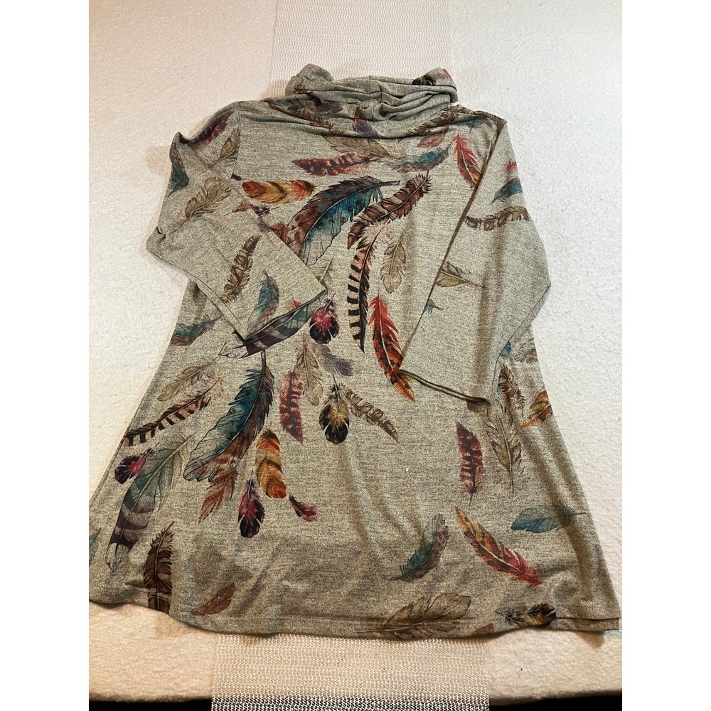 Indigo Soul Cowl Neck Sweater XL Gray Feather Print Long Sleeve A-Line Tunic Top